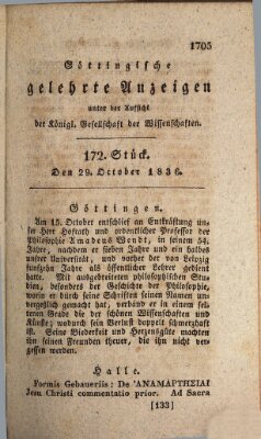 Göttingische gelehrte Anzeigen (Göttingische Zeitungen von gelehrten Sachen) Samstag 29. Oktober 1836