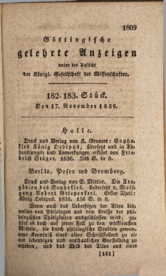 Göttingische gelehrte Anzeigen (Göttingische Zeitungen von gelehrten Sachen) Donnerstag 17. November 1836