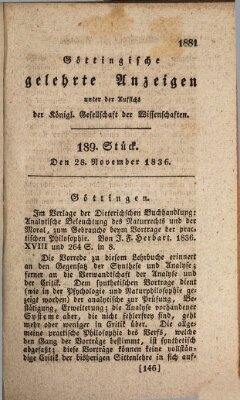 Göttingische gelehrte Anzeigen (Göttingische Zeitungen von gelehrten Sachen) Montag 28. November 1836