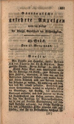 Göttingische gelehrte Anzeigen (Göttingische Zeitungen von gelehrten Sachen) Montag 27. März 1837