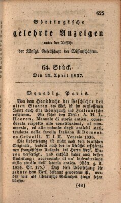 Göttingische gelehrte Anzeigen (Göttingische Zeitungen von gelehrten Sachen) Samstag 22. April 1837
