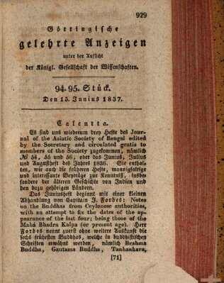 Göttingische gelehrte Anzeigen (Göttingische Zeitungen von gelehrten Sachen) Donnerstag 15. Juni 1837