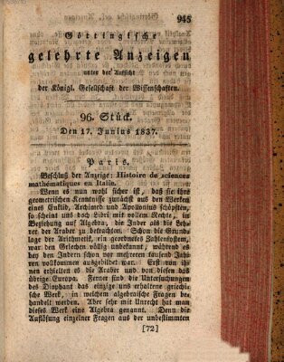 Göttingische gelehrte Anzeigen (Göttingische Zeitungen von gelehrten Sachen) Samstag 17. Juni 1837