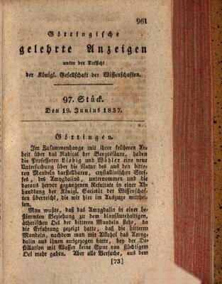 Göttingische gelehrte Anzeigen (Göttingische Zeitungen von gelehrten Sachen) Montag 19. Juni 1837
