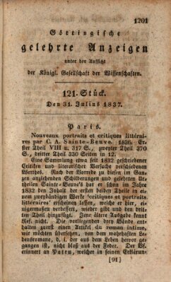 Göttingische gelehrte Anzeigen (Göttingische Zeitungen von gelehrten Sachen) Montag 31. Juli 1837