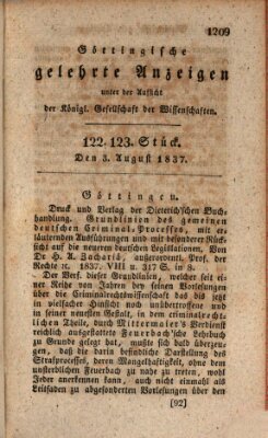 Göttingische gelehrte Anzeigen (Göttingische Zeitungen von gelehrten Sachen) Donnerstag 3. August 1837