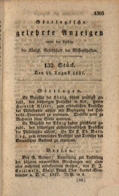 Göttingische gelehrte Anzeigen (Göttingische Zeitungen von gelehrten Sachen) Samstag 19. August 1837