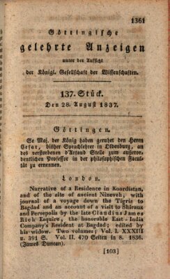 Göttingische gelehrte Anzeigen (Göttingische Zeitungen von gelehrten Sachen) Montag 28. August 1837