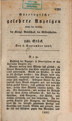 Göttingische gelehrte Anzeigen (Göttingische Zeitungen von gelehrten Sachen) Samstag 2. September 1837