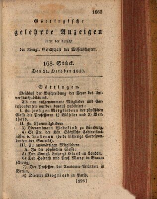 Göttingische gelehrte Anzeigen (Göttingische Zeitungen von gelehrten Sachen) Samstag 21. Oktober 1837