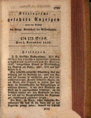 Göttingische gelehrte Anzeigen (Göttingische Zeitungen von gelehrten Sachen) Donnerstag 2. November 1837