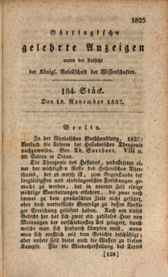 Göttingische gelehrte Anzeigen (Göttingische Zeitungen von gelehrten Sachen) Samstag 18. November 1837