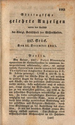 Göttingische gelehrte Anzeigen (Göttingische Zeitungen von gelehrten Sachen) Montag 11. Dezember 1837