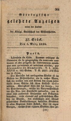 Göttingische gelehrte Anzeigen (Göttingische Zeitungen von gelehrten Sachen) Montag 5. März 1838