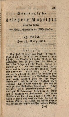 Göttingische gelehrte Anzeigen (Göttingische Zeitungen von gelehrten Sachen) Montag 19. März 1838