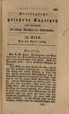 Göttingische gelehrte Anzeigen (Göttingische Zeitungen von gelehrten Sachen) Montag 16. April 1838