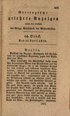 Göttingische gelehrte Anzeigen (Göttingische Zeitungen von gelehrten Sachen) Samstag 21. April 1838