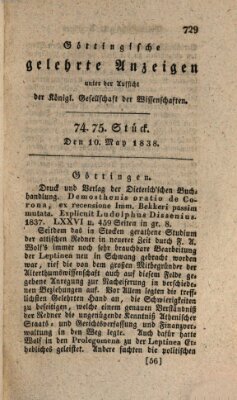 Göttingische gelehrte Anzeigen (Göttingische Zeitungen von gelehrten Sachen) Donnerstag 10. Mai 1838