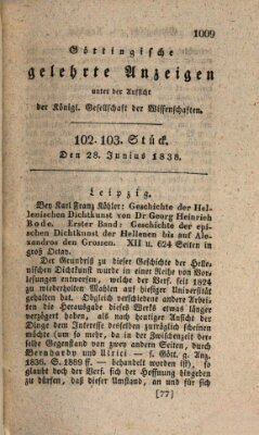 Göttingische gelehrte Anzeigen (Göttingische Zeitungen von gelehrten Sachen) Donnerstag 28. Juni 1838