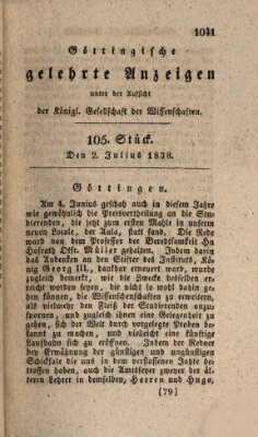 Göttingische gelehrte Anzeigen (Göttingische Zeitungen von gelehrten Sachen) Montag 2. Juli 1838