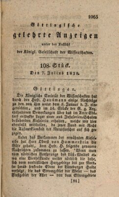 Göttingische gelehrte Anzeigen (Göttingische Zeitungen von gelehrten Sachen) Samstag 7. Juli 1838