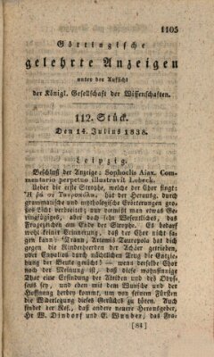 Göttingische gelehrte Anzeigen (Göttingische Zeitungen von gelehrten Sachen) Samstag 14. Juli 1838