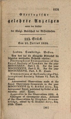 Göttingische gelehrte Anzeigen (Göttingische Zeitungen von gelehrten Sachen) Montag 16. Juli 1838