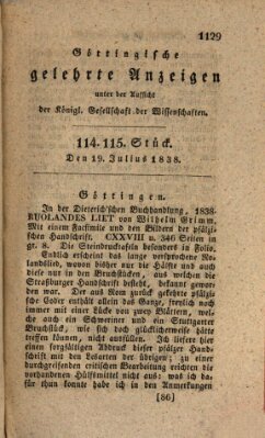 Göttingische gelehrte Anzeigen (Göttingische Zeitungen von gelehrten Sachen) Donnerstag 19. Juli 1838