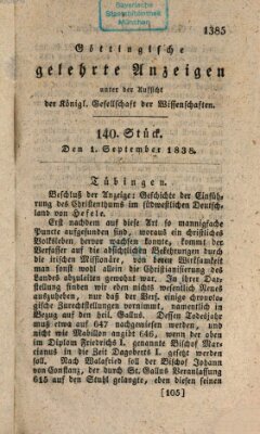 Göttingische gelehrte Anzeigen (Göttingische Zeitungen von gelehrten Sachen) Samstag 1. September 1838