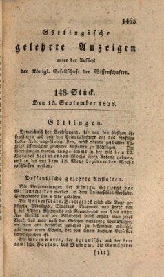 Göttingische gelehrte Anzeigen (Göttingische Zeitungen von gelehrten Sachen) Samstag 15. September 1838