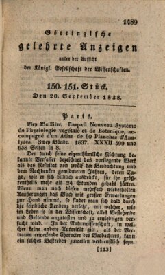 Göttingische gelehrte Anzeigen (Göttingische Zeitungen von gelehrten Sachen) Donnerstag 20. September 1838