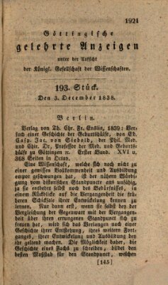 Göttingische gelehrte Anzeigen (Göttingische Zeitungen von gelehrten Sachen) Montag 3. Dezember 1838