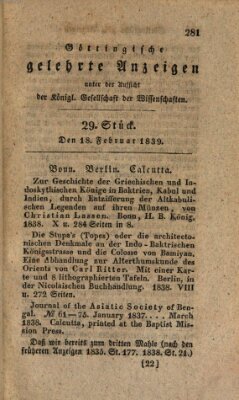 Göttingische gelehrte Anzeigen (Göttingische Zeitungen von gelehrten Sachen) Montag 18. Februar 1839