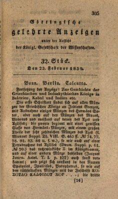 Göttingische gelehrte Anzeigen (Göttingische Zeitungen von gelehrten Sachen) Samstag 23. Februar 1839