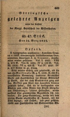 Göttingische gelehrte Anzeigen (Göttingische Zeitungen von gelehrten Sachen) Donnerstag 21. März 1839