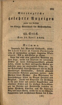 Göttingische gelehrte Anzeigen (Göttingische Zeitungen von gelehrten Sachen) Montag 29. April 1839