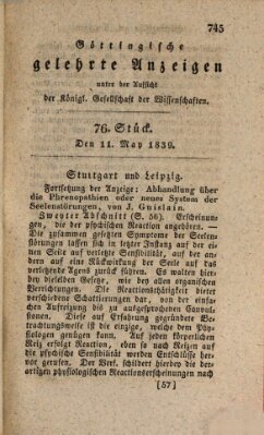 Göttingische gelehrte Anzeigen (Göttingische Zeitungen von gelehrten Sachen) Samstag 11. Mai 1839