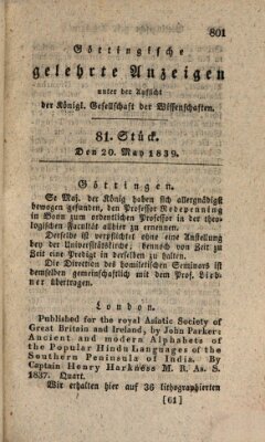 Göttingische gelehrte Anzeigen (Göttingische Zeitungen von gelehrten Sachen) Montag 20. Mai 1839