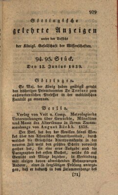 Göttingische gelehrte Anzeigen (Göttingische Zeitungen von gelehrten Sachen) Donnerstag 13. Juni 1839