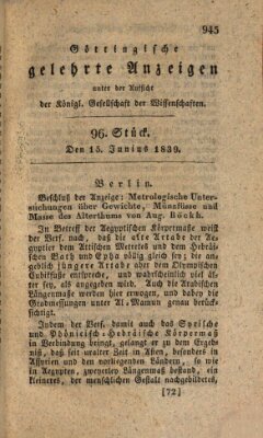 Göttingische gelehrte Anzeigen (Göttingische Zeitungen von gelehrten Sachen) Samstag 15. Juni 1839