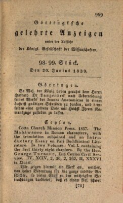 Göttingische gelehrte Anzeigen (Göttingische Zeitungen von gelehrten Sachen) Donnerstag 20. Juni 1839