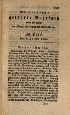 Göttingische gelehrte Anzeigen (Göttingische Zeitungen von gelehrten Sachen) Samstag 6. Juli 1839