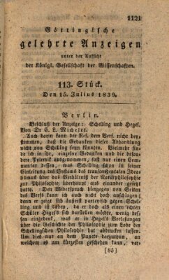 Göttingische gelehrte Anzeigen (Göttingische Zeitungen von gelehrten Sachen) Montag 15. Juli 1839