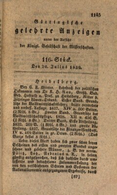 Göttingische gelehrte Anzeigen (Göttingische Zeitungen von gelehrten Sachen) Samstag 20. Juli 1839