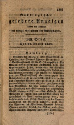 Göttingische gelehrte Anzeigen (Göttingische Zeitungen von gelehrten Sachen) Samstag 31. August 1839