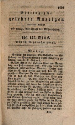 Göttingische gelehrte Anzeigen (Göttingische Zeitungen von gelehrten Sachen) Donnerstag 12. September 1839