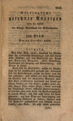 Göttingische gelehrte Anzeigen (Göttingische Zeitungen von gelehrten Sachen) Samstag 19. Oktober 1839