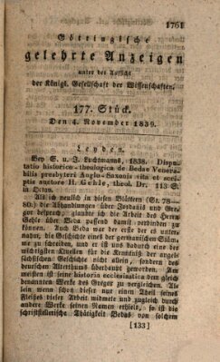 Göttingische gelehrte Anzeigen (Göttingische Zeitungen von gelehrten Sachen) Montag 4. November 1839