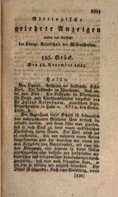 Göttingische gelehrte Anzeigen (Göttingische Zeitungen von gelehrten Sachen) Montag 18. November 1839