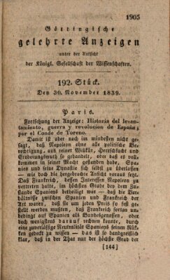 Göttingische gelehrte Anzeigen (Göttingische Zeitungen von gelehrten Sachen) Samstag 30. November 1839